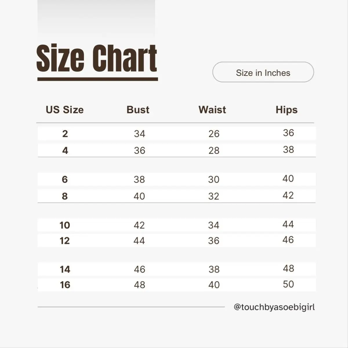 Size chart for the Handcrafted African Batik Two-Piece Set, displayed in inches across US sizes 2 through 16, covering bust (34"–48"), waist (26"–40"), and hips (36"–50") measurements to help customers find their perfect fit for this custom-made artisan co-ord. Designed to accommodate a range of body types, this sizing guide supports the made-to-measure craftsmanship behind each hand-batik piece. Shared by @touchbyasoebigirl, reflecting the personalized, artisan-first approach of this bespoke garment. Color: N/A (sizing reference graphic)