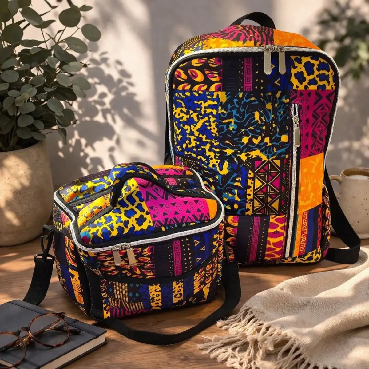 A vibrant African print laptop backpack and matching insulated lunch bag set, displayed on a wooden surface in warm natural light. Both pieces feature bold patchwork panels of Ankara-inspired wax print fabric in vivid yellow, magenta, cobalt blue, and orange, combining animal print, geometric, and tribal motifs with meticulous artisan craftsmanship. The backpack includes silver zip hardware and a front pocket, while the lunch bag features a sturdy top handle and adjustable crossbody strap, reflecting skilled handmade construction. Color: Yellow, Magenta, Cobalt Blue, Orange, Black