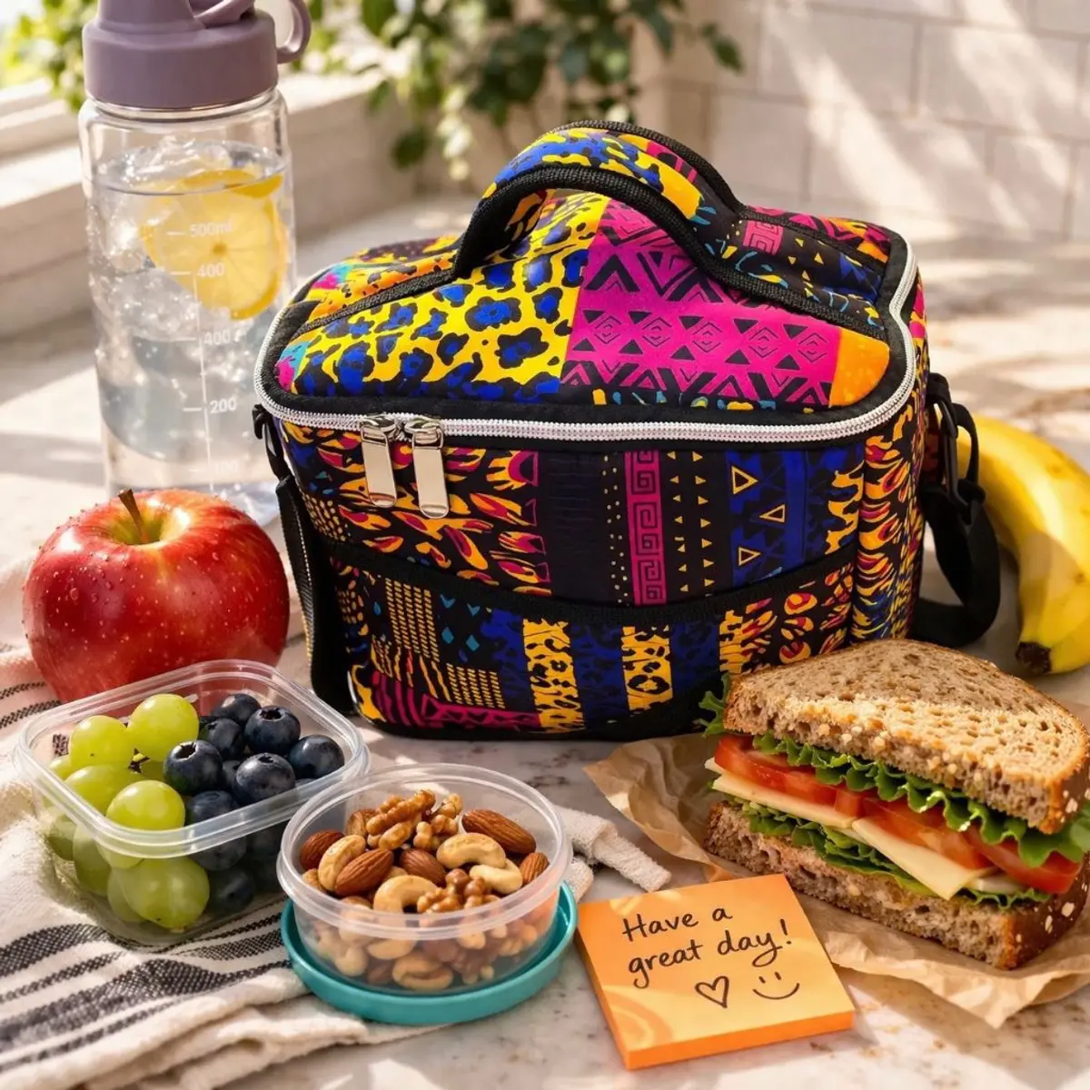 A vibrant African-print insulated lunch bag displayed on a marble surface surrounded by fresh fruit, a sandwich, snacks, and a water bottle. The bag features a bold patchwork of kente-inspired geometric patterns, animal print, and tribal motifs in vivid yellow, magenta, blue, and black, crafted from durable neoprene-style fabric with reinforced zippers and an adjustable shoulder strap. The artisan-inspired print reflects handcrafted African textile traditions, making this a stylish and functional everyday carry piece. Color: Yellow, Magenta, Blue, Black, Orange