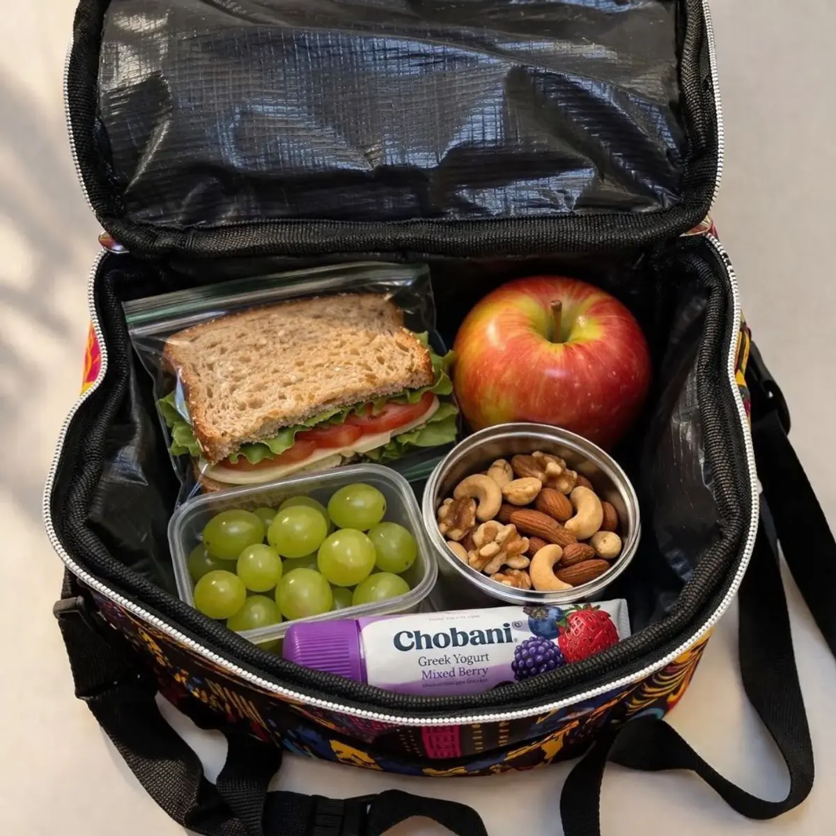 An open insulated lunch compartment of an African print backpack set, showcasing a vibrant, bold patterned exterior in rich reds, yellows, and blues typical of African wax print fabric. The interior reveals a foil-lined thermal lining with ample space, holding a packed lunch including a sandwich, apple, grapes, mixed nuts, and a yogurt tube, demonstrating the bag's practical capacity and quality craftsmanship. The sturdy zipper closure and adjustable black shoulder strap highlight the durable, artisan-inspired construction of this handcrafted-style set. Color: Red, Yellow, Blue, Black