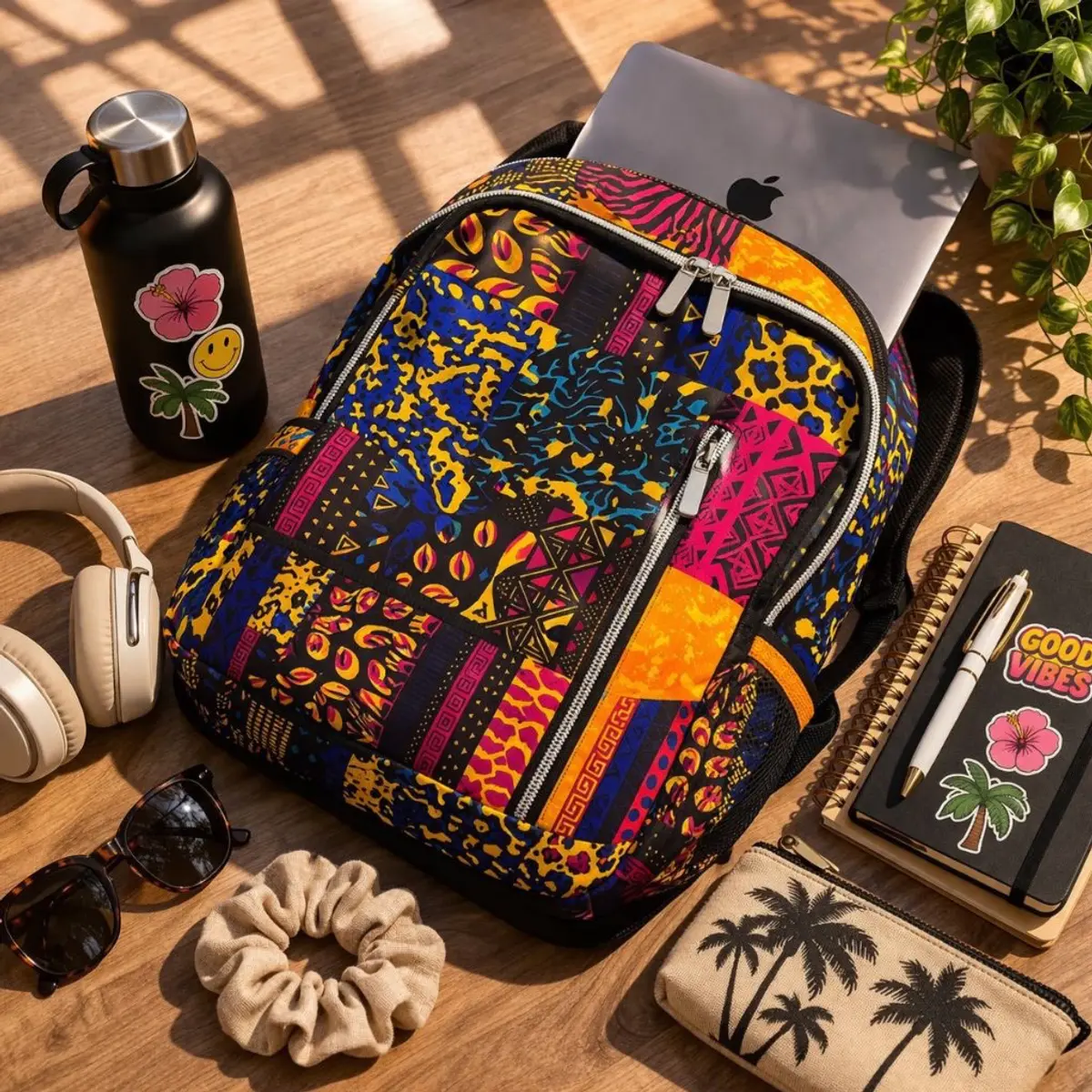 A vibrant African print laptop backpack crafted from durable fabric featuring a bold patchwork of mixed Ankara and animal print patterns in electric blue, magenta, orange, and yellow. The artisan-designed bag showcases multiple silver-zip compartments and is styled on a wooden surface alongside a MacBook laptop, white headphones, sunglasses, a spiral notebook, and a palm tree pouch, highlighting its versatile everyday use. The handmade-inspired patchwork design reflects skilled African textile artistry perfect for school, work, or travel. Color: Blue, Yellow, Magenta, Orange, Black