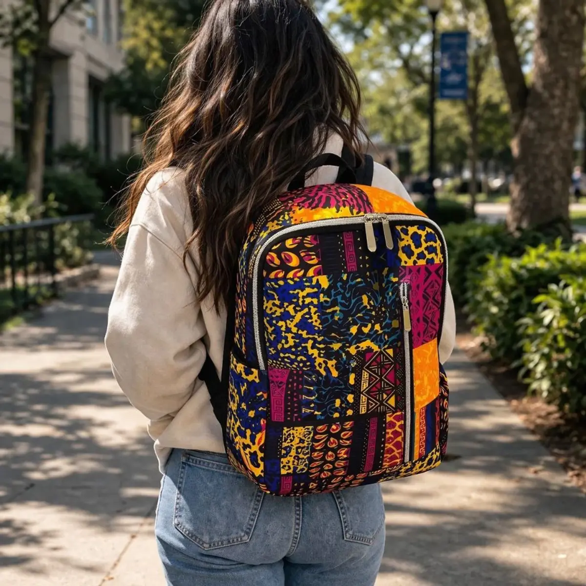 A young woman walks along a sunny urban sidewalk wearing a bold African print laptop backpack, showcasing a vibrant patchwork-style design that blends leopard spots, geometric Kente-inspired motifs, and tribal patterns in rich shades of orange, gold, blue, magenta, and black. The artisan-crafted bag features durable fabric construction with gold-tone zipper hardware, a structured front pocket, and padded shoulder straps, reflecting expert handmade textile artistry rooted in African heritage. Ideal as a stylish school, work, or travel bag, this standout piece pairs cultural craftsmanship with everyday functionality. Color: Orange, Gold, Blue, Magenta, Black