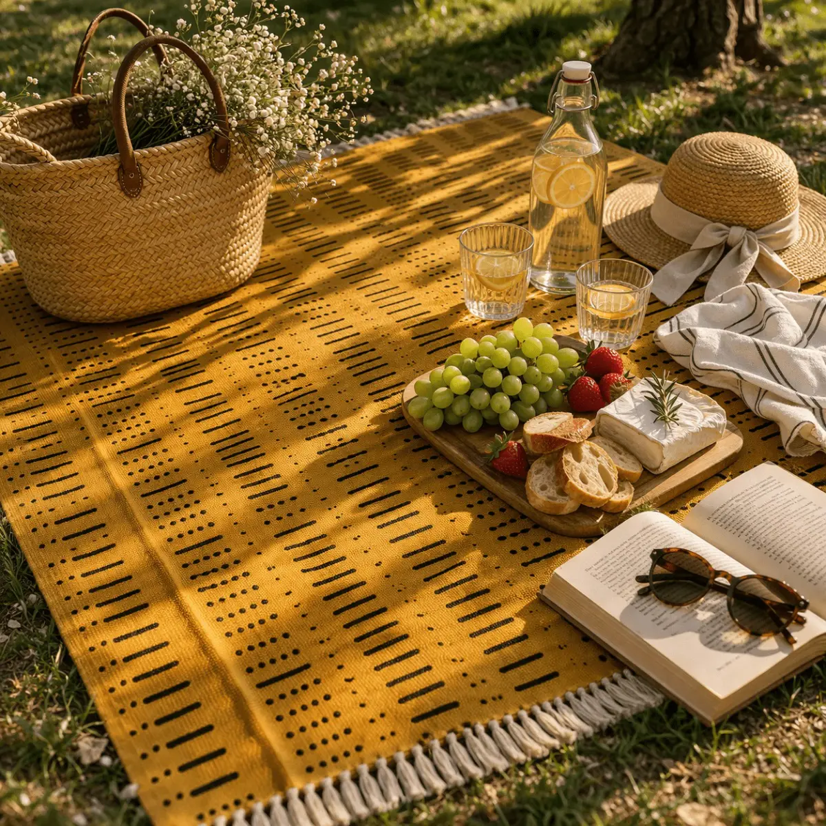 A handwoven mustard yellow cotton area rug with a bold black dash-and-dot ethnic pattern and cream fringe trim, styled outdoors on grass in a sunlit picnic setting. The artisan craftsmanship is evident in the tight, even weave and hand-knotted tassels, reflecting traditional Indian textile techniques. This bohemian floor rug pairs beautifully with natural wicker, linen, and wood accents for a warm, earthy aesthetic. Color: Mustard Yellow, Black, Cream