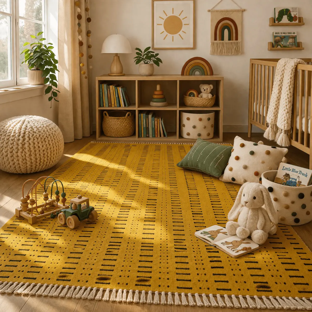 A handwoven bohemian cotton area rug in rich mustard yellow, featuring a repeating dash-and-dot ethnic pattern with hand-knotted cream fringe trim along all edges, displayed in a warm nursery play space. The artisan craftsmanship is evident in the textured, flat-weave surface and carefully constructed border detailing, showcasing traditional Indian weaving techniques. Styled with natural wood toys and soft decor, this versatile handmade rug adds earthy, boho warmth to any living room or children's space. Color: Mustard Yellow, Cream