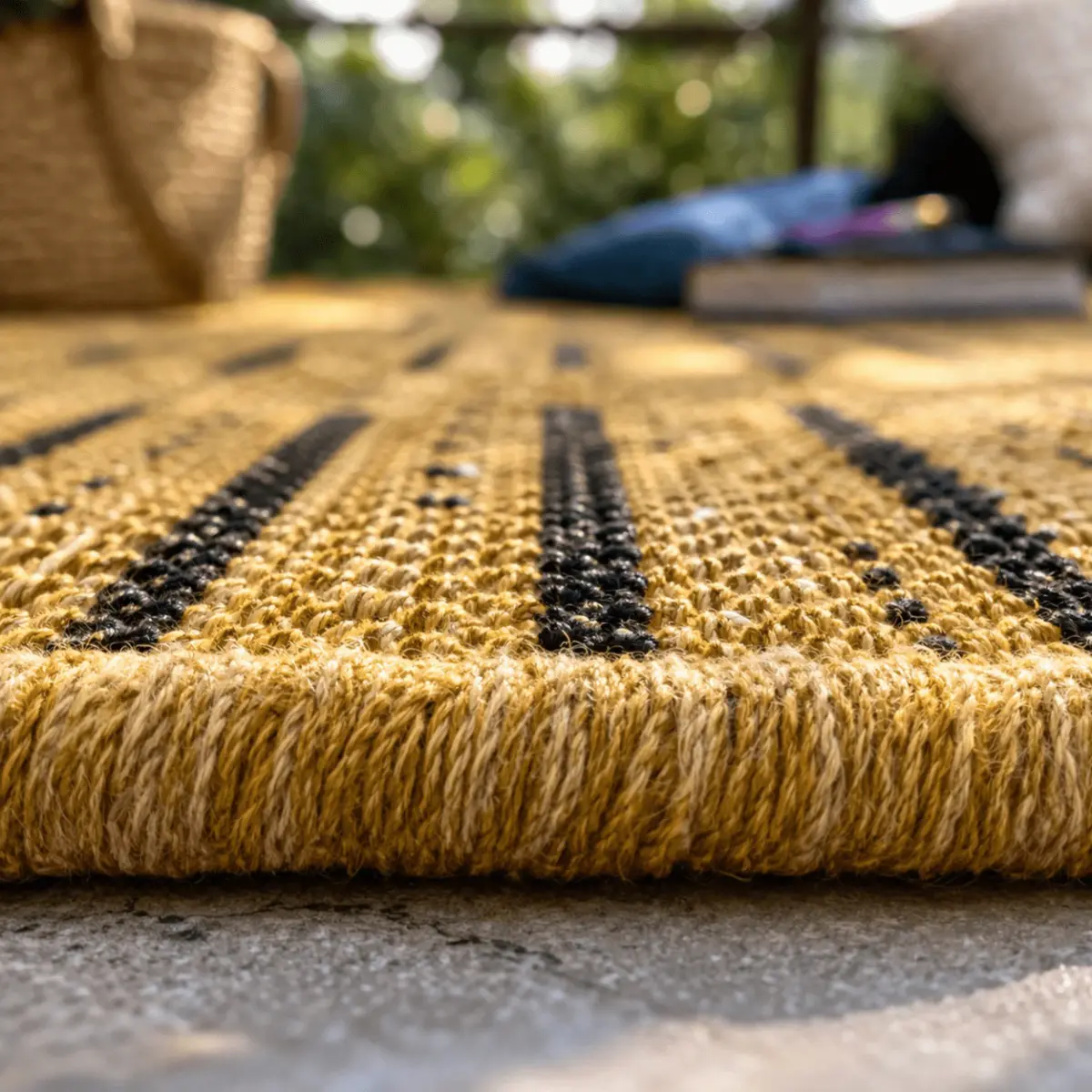 Close-up ground-level view of a handwoven jute area rug featuring bold black stripe pattern across a natural golden-yellow woven surface, showcasing the tight artisan craftsmanship and twisted fiber edge finishing. The macro detail reveals the textured, hand-twisted natural fibers and skillfully integrated contrast stripes characteristic of traditional Indian bohemian weaving. Styled on a stone patio surface with soft bokeh greenery and woven basket props in the background. Color: Natural Gold, Black