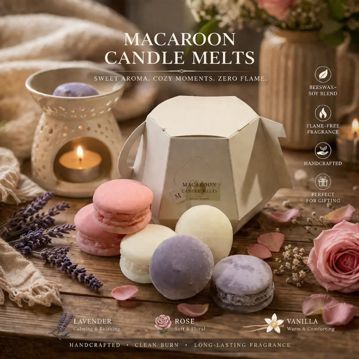 A styled flat-lay of handcrafted macaron wax melts in soft pink Rose, creamy Vanilla, and dusty purple Lavender colourways, displayed beside a lit ceramic wax warmer and an elegant geometric gift box on a rustic wooden surface. Fresh lavender sprigs and rose petals add a botanical warmth to the scene. Color: Pink (Rose), Cream (Vanilla), Lavender Purple