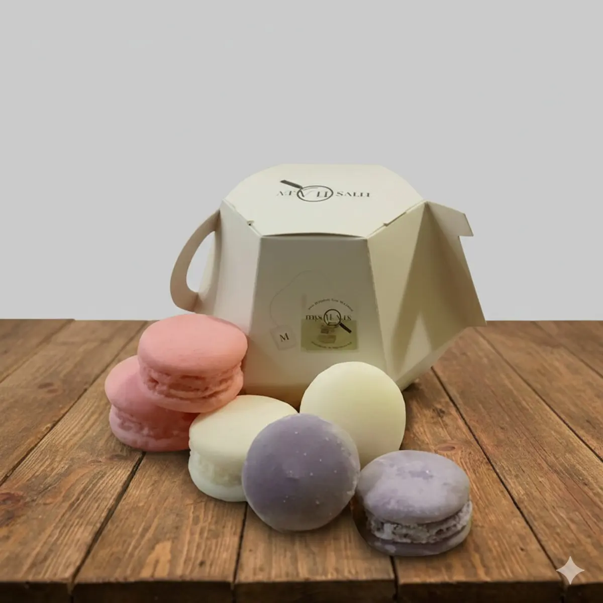 A clean product shot of handcrafted macaron wax melts in pastel pink Rose, ivory Vanilla, and soft lilac Lavender, arranged in front of a white geometric gift box on a natural wooden surface. The artisan detail and smooth beeswax-soy finish are clearly visible. Color: Pink (Rose), Ivory (Vanilla), Lilac (Lavender)
