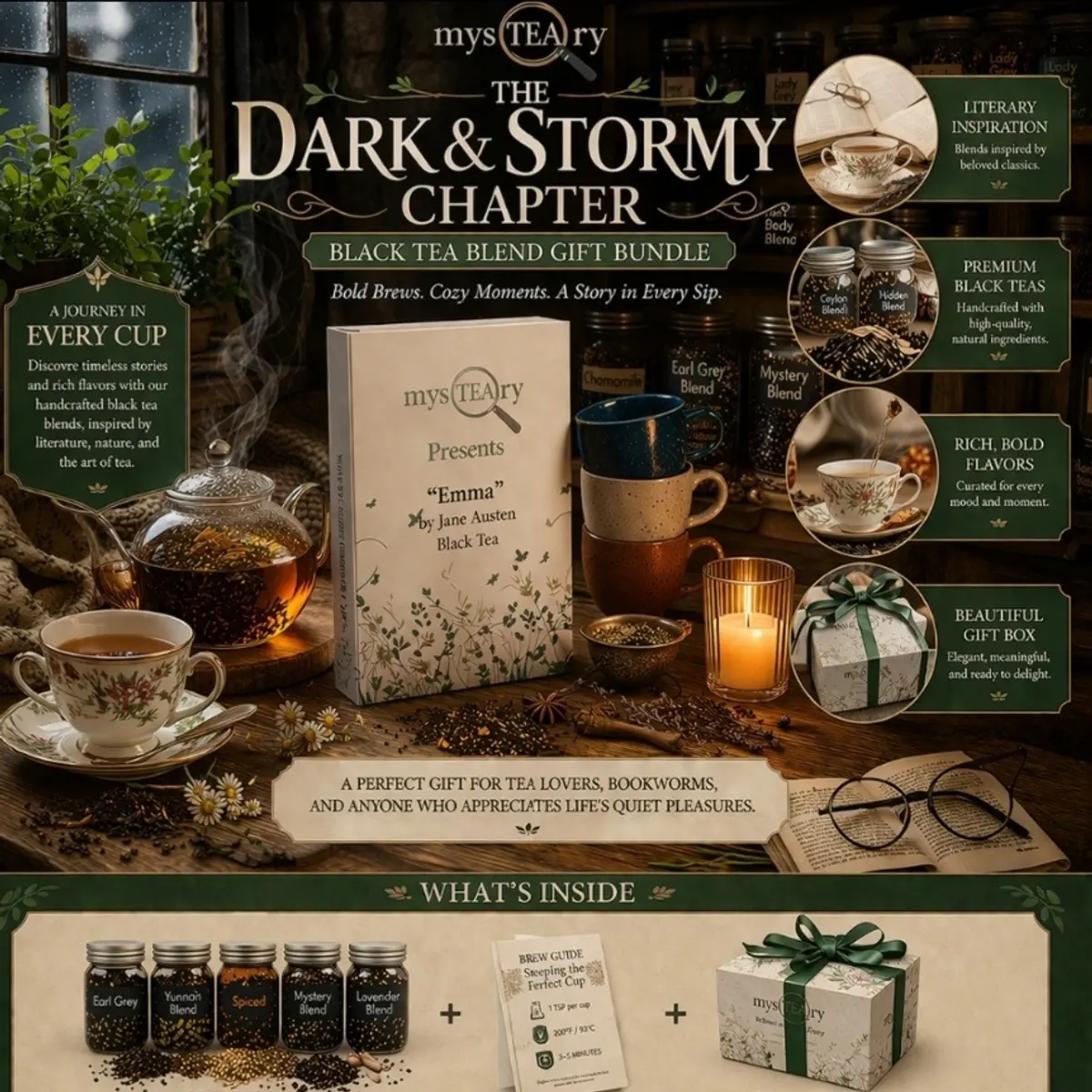 A richly styled flat-lay of the mysTEAry Dark & Stormy Chapter Black Tea Blend Gift Bundle displayed on a rustic wooden table, featuring five glass jar tea blends labeled Earl Grey, Yunnan, Spiced, Mystery Blend, and Lavender Blend alongside a steaming glass teapot, vintage floral teacup, glowing candle, reading glasses, and an open book. The packaging features deep forest green and warm ivory tones with elegant botanical branding. Color: Forest Green, Ivory, Warm Brown