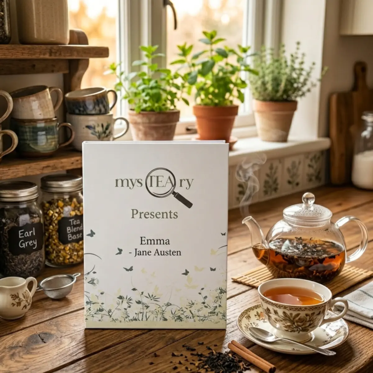 A close-up lifestyle shot of the mysTEAry artisan tea blend booklet for Jane Austen's Emma, displayed upright on a rustic wooden kitchen counter surrounded by glass jars of Earl Grey and tea blend base, a steaming glass teapot, and a vintage floral teacup. The booklet features a clean white cover with soft green botanical illustrations and butterfly motifs. Color: White, Soft Green, Natural Wood Tones