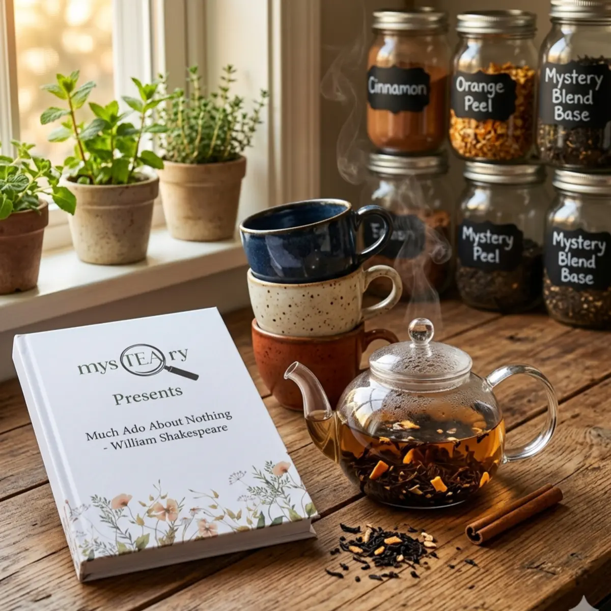 A warm golden-hour lifestyle shot of the mysTEAry artisan tea blend booklet for Shakespeare's Much Ado About Nothing, lying flat on a rustic wooden table beside a glass teapot steeping a rich amber black tea infused with cinnamon and orange peel, stacked handmade ceramic mugs in navy, speckled cream, and terracotta, and a row of glass spice jars labeled Cinnamon, Orange Peel, Mystery Peel, and Mystery Blend Base. The booklet cover is white with soft floral watercolor detailing. Color: White, Amber, Navy, Terracotta, Speckled Cream