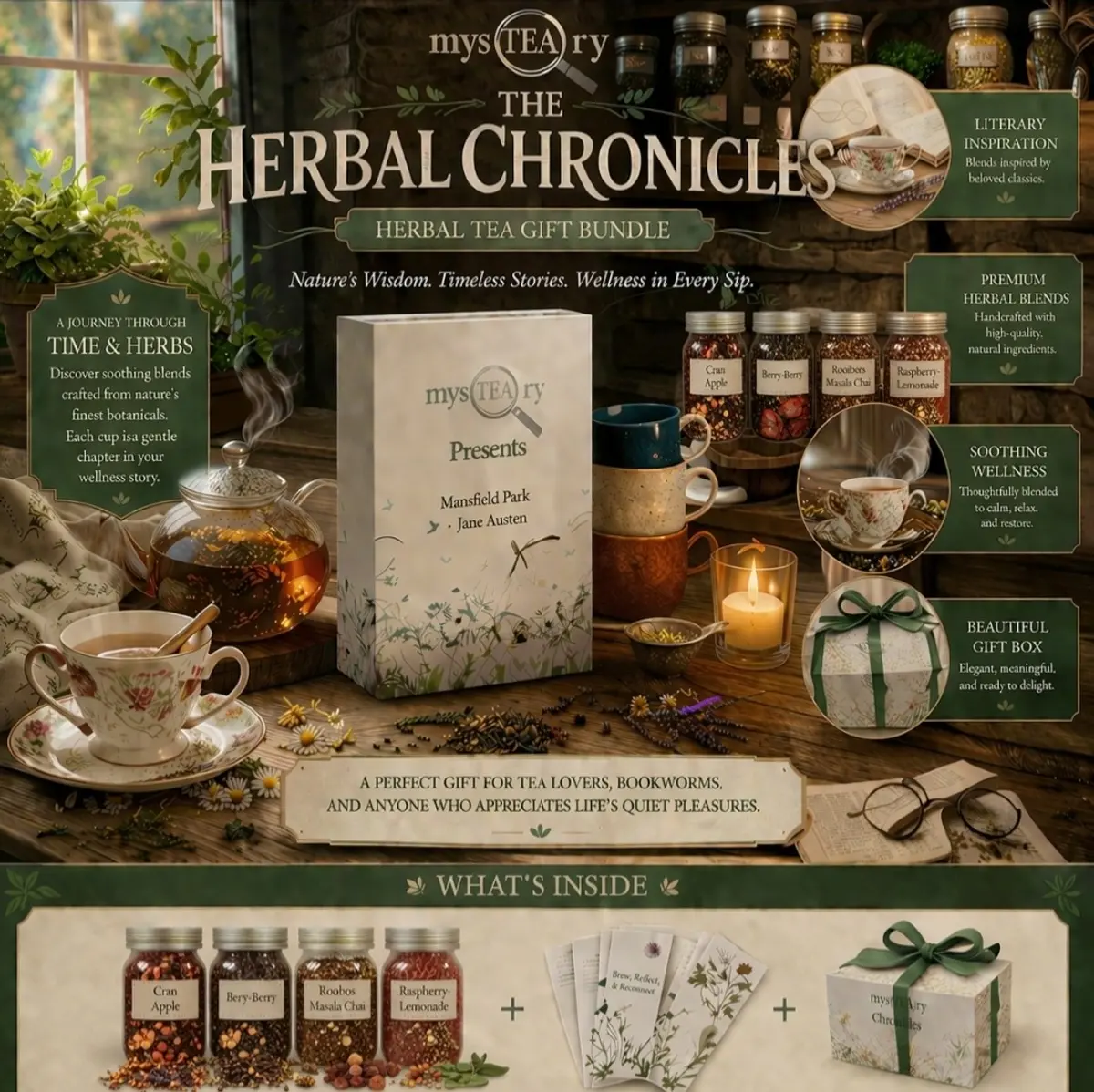 A warmly lit flat-lay of the mysTEAry Herbal Chronicles Herbal Tea Gift Bundle featuring the Mansfield Park by Jane Austen edition box, surrounded by four labeled glass jars of Cran Apple, Berry-Berry, Rooibos Masala Chai, and Raspberry Lemonade herbal blends, alongside a steaming glass teapot, a floral porcelain teacup, story cards, a ribbon-tied gift box, and scattered wildflowers and botanicals on a rustic wooden surface. Color: Sage Green, Cream, and Warm Amber