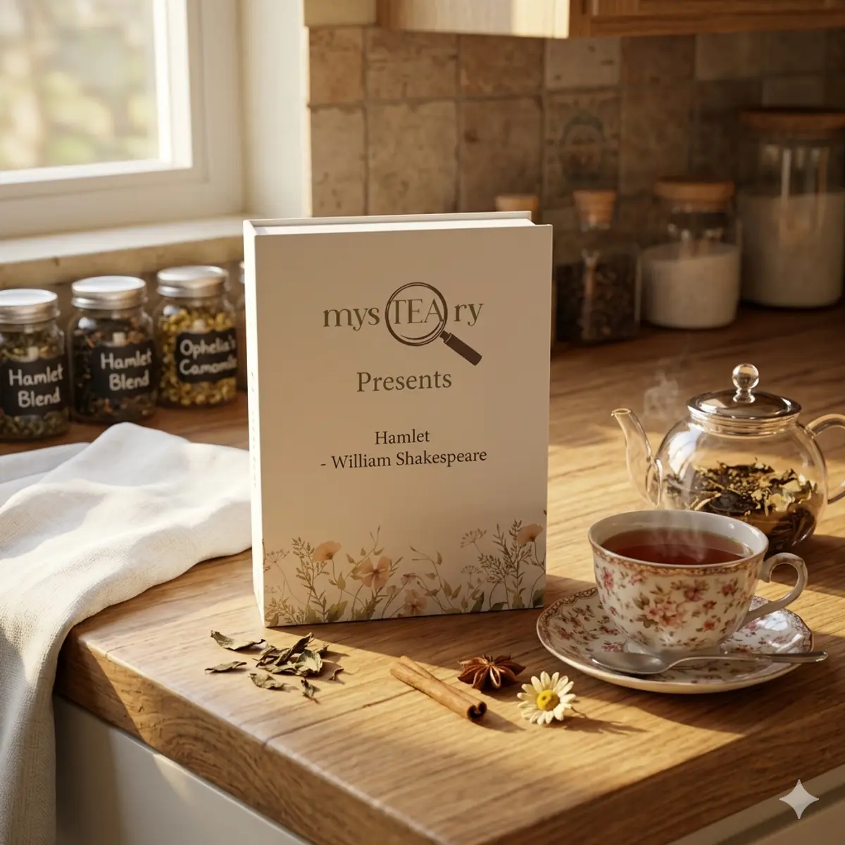 A sunlit kitchen counter display of the mysTEAry Hamlet by William Shakespeare literary tea edition box, propped upright beside a steaming glass teapot filled with loose-leaf herbs, a floral porcelain teacup on a saucer, and three labeled glass jars including Hamlet Blend and Ophelia's Camomile, with scattered dried botanicals including chamomile, star anise, and cinnamon sticks in warm golden morning light. Color: Ivory, Warm Gold, and Natural Brown