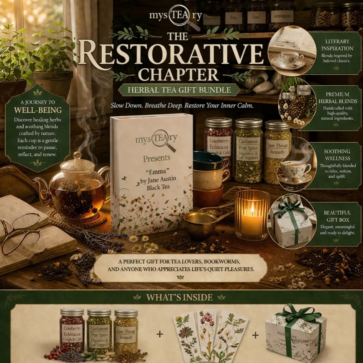 A richly styled flat-lay of the mysTEAry Restorative Chapter Herbal Tea Gift Bundle, featuring three glass jars of handcrafted herbal blends — Cranberry-Echinacea, Cardamom Pear Spice, and Sore Throat Remedy — alongside a botanical-illustrated gift box, floral bookmarks, a glowing candle, and a book-style package labeled 'Emma by Jane Austen Black Tea,' all set against a warm, earthy wooden backdrop. Color: Warm Earthy Green and Gold