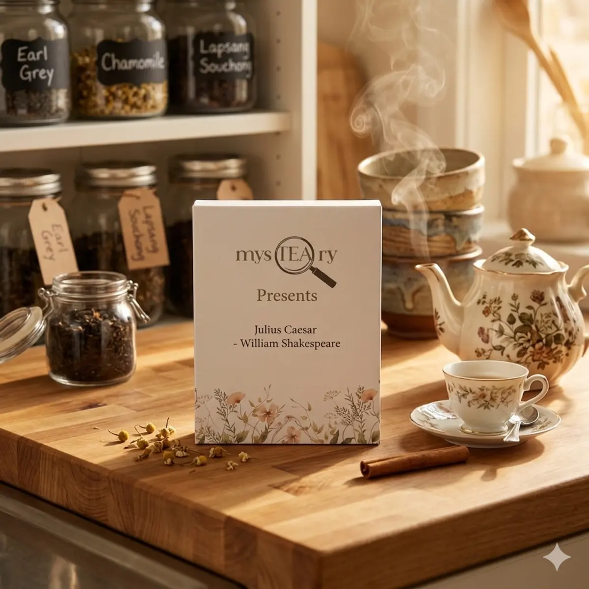 A warm, softly lit kitchen scene featuring the mysTEAry literary tea box presenting 'Julius Caesar by William Shakespeare,' placed on a butcher-block wooden counter beside a steaming floral teapot, a fine china teacup and saucer, a cinnamon stick, and scattered chamomile flowers, with shelves of labeled tea jars — Earl Grey, Chamomile, and Lapsang Souchong — visible in the background. Color: Cream and Soft Blush