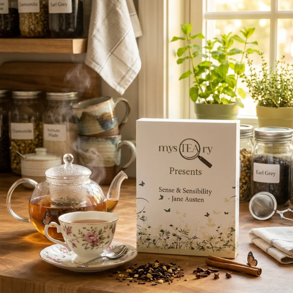 A sun-drenched kitchen vignette showcasing the mysTEAry literary tea box presenting 'Sense & Sensibility by Jane Austen,' displayed beside a glass teapot steeping rich amber tea, a vintage floral china teacup, loose-leaf tea with cinnamon and cloves scattered on the wooden surface, and shelves stocked with Chamomile and Earl Grey jars, with fresh herbs growing in the sunlit window behind. Color: Ivory and Botanical Green
