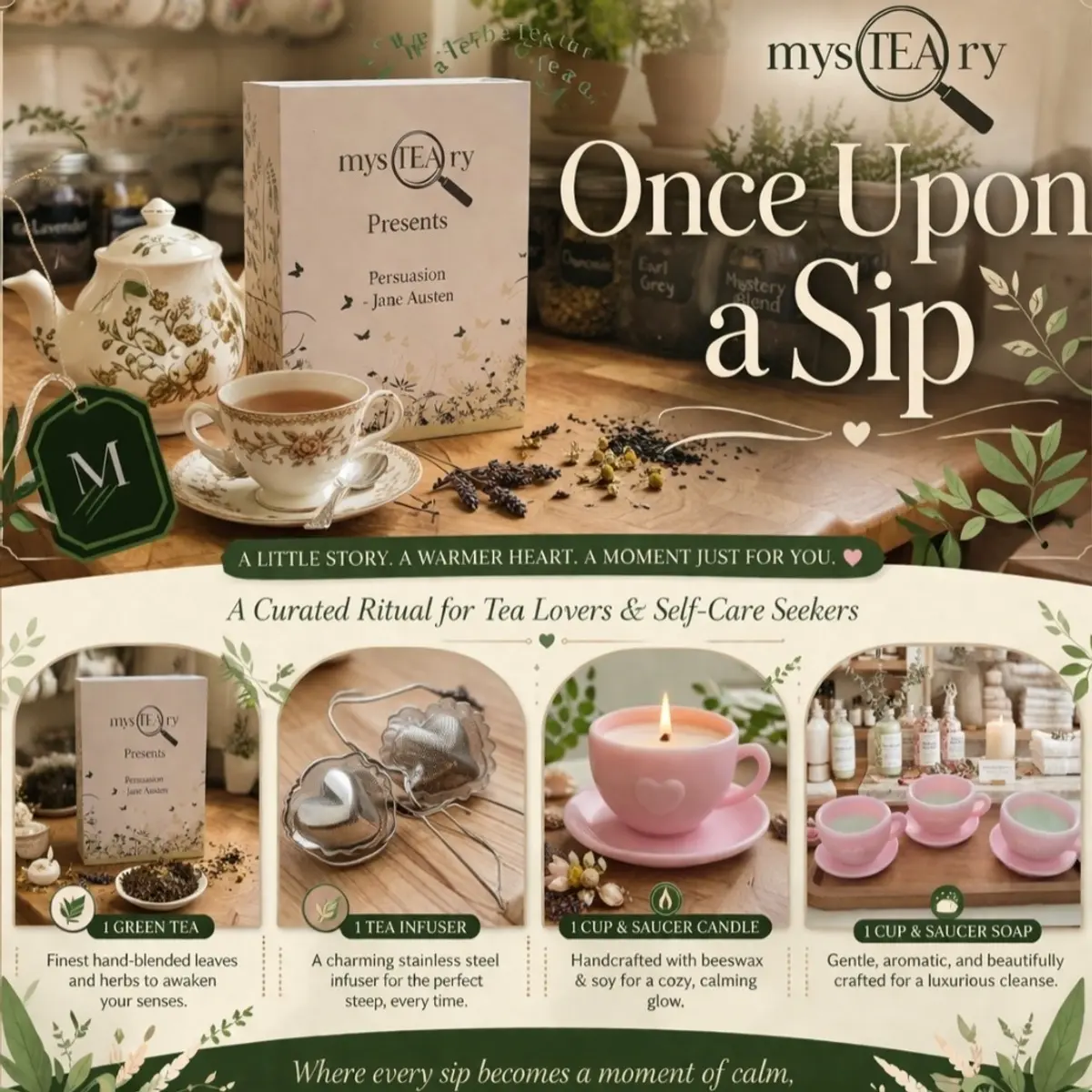 Flat-lay promotional image of the mysTEAry 'Once Upon a Sip' literary tea gift set, featuring a cream and sage-green gift box labeled 'Persuasion – Jane Austen', a floral porcelain teacup, scattered dried herbs, a pink handcrafted cup-and-saucer candle, a pink cup-and-saucer soap, and a stainless steel tea infuser, all arranged on a warm rustic wooden surface. Color: Cream, Sage Green, Pink