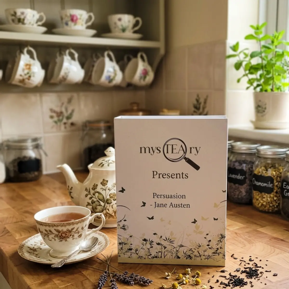 Close-up lifestyle photograph of the mysTEAry gift box standing upright on a wooden kitchen counter, displaying the 'Persuasion – Jane Austen' branding in soft black script on a cream-white background, surrounded by a floral porcelain teacup with brewed tea, dried lavender and chamomile, and glass jars of loose herbs in a bright, cozy kitchen setting. Color: Cream White, Warm Wood