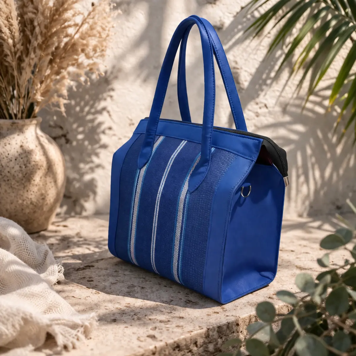 A structured handmade tote bag crafted from vibrant royal blue Aso Oke woven fabric, featuring traditional vertical stripe patterns in white and deep blue tones. The bag showcases artisan craftsmanship with smooth blue fabric side panels, dual top handles, and a zipper closure, photographed against a sunlit textured stone surface with natural botanicals. Color: Royal Blue, White
