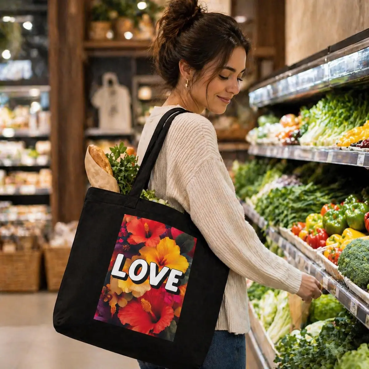 A woman smiles while shopping for fresh produce at a market, carrying a large black canvas tote bag over her shoulder. The bag features a vivid hibiscus floral print in shades of red, orange, and magenta with bold white LOVE lettering across the center. Color: Black