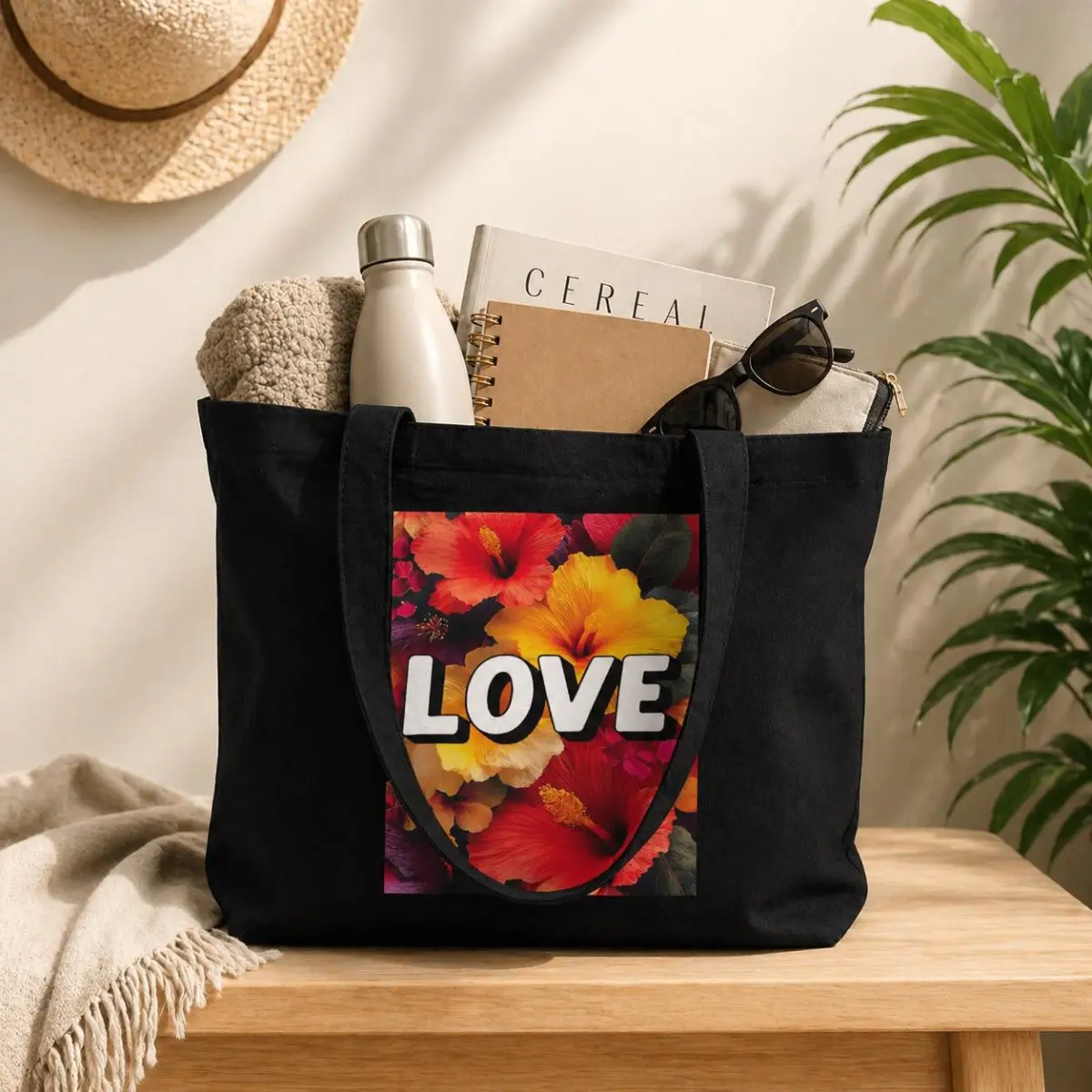 A styled lifestyle shot of a large black canvas tote bag resting on a wooden bench, overflowing with everyday essentials including a water bottle, notebook, sunglasses, and a rolled blanket. The front of the bag showcases the bold hibiscus floral LOVE print in rich red, orange, and golden hues. Color: Black