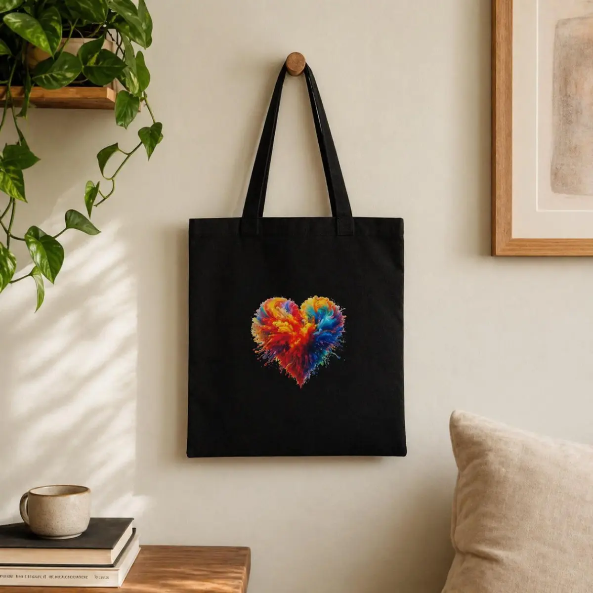 A black cotton canvas tote bag hanging on a wooden wall hook against a neutral wall, styled with stacked books and a ceramic mug. The bag features a bold, expressive heart graphic at the center, exploding in vivid shades of red, orange, yellow, blue, and teal — like a burst of liquid color frozen in time. Color: Black with Multicolor Heart Print