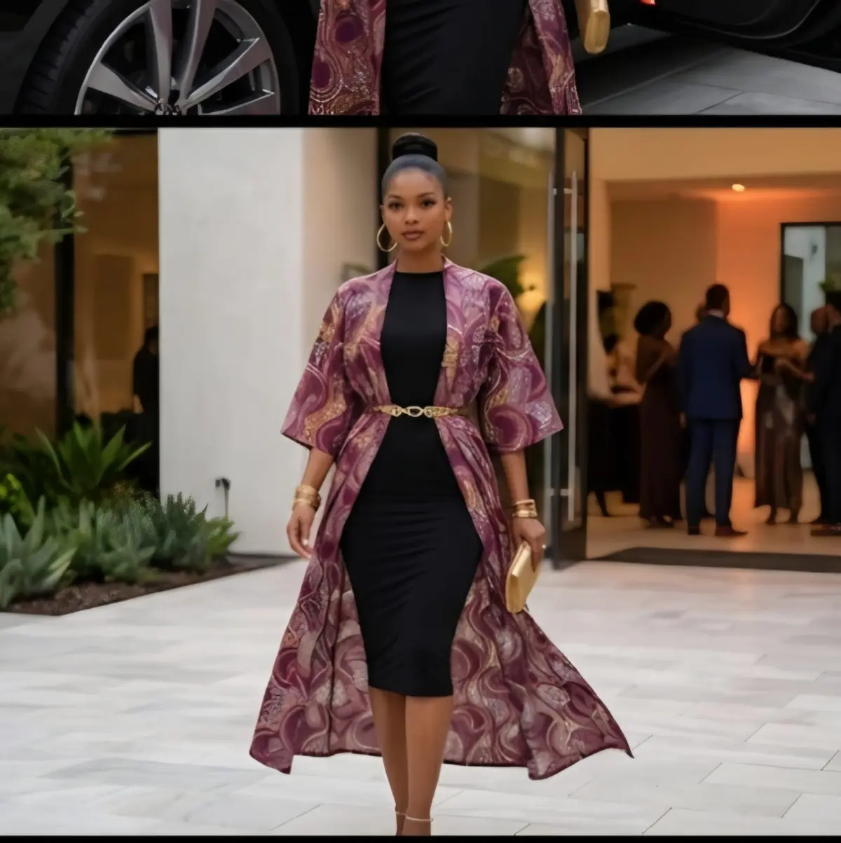 A full-length view of a woman confidently wearing a flowing handcrafted Ankara wax print longline kimono duster over a black bodycon dress at an upscale evening event, with the duster billowing elegantly as she walks. The print displays a deep plum, dusty rose, and gold abstract swirl pattern with a luxurious finish. Color: Plum Dusty Rose Gold